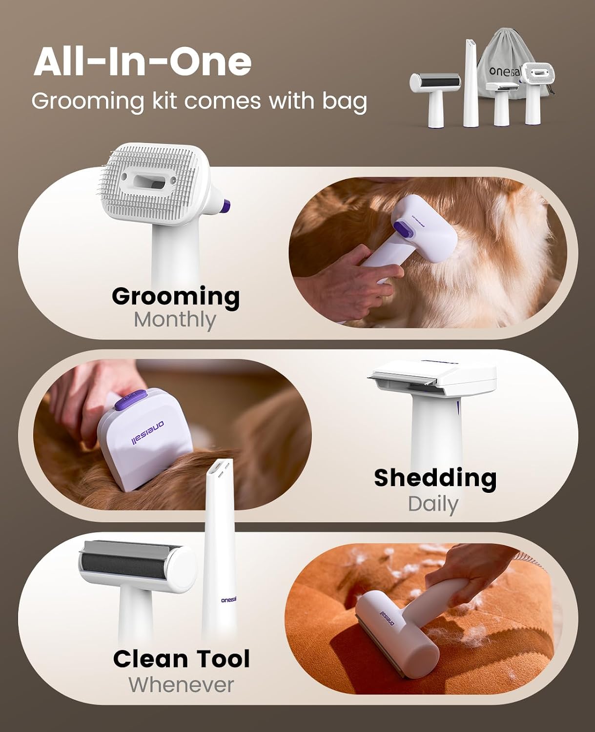 oneisall Kit Spazzola Aspirant - Pet Grooming Vacuum Suction Kit 5 In 1 recensione e prezzo